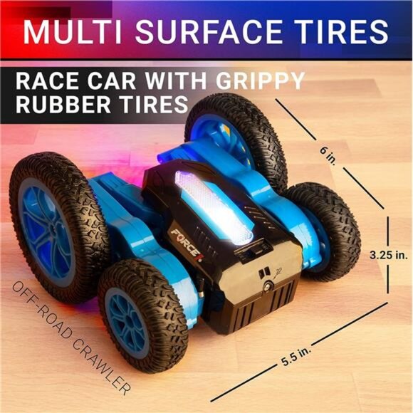 Blue LED Remote Control Car for Kids- Double Sided Driving Fast RC Cars 360 Flip - Picture 5 of 7